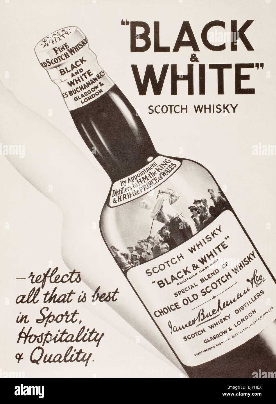 Publicité pour le noir et blanc Le Scotch whisky. De la London Illustrated News, numéro de Noël, 1933. Banque D'Images