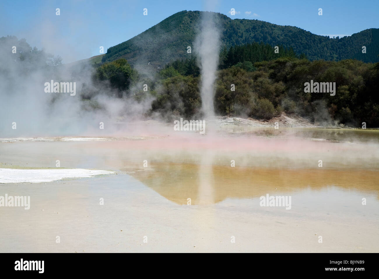 L'eau riche en minéraux de débordement Piscine Champagne Wai-O-Tapu Thermal Wonderland entre Taupo et Rotorua Nouvelle Zélande Banque D'Images
