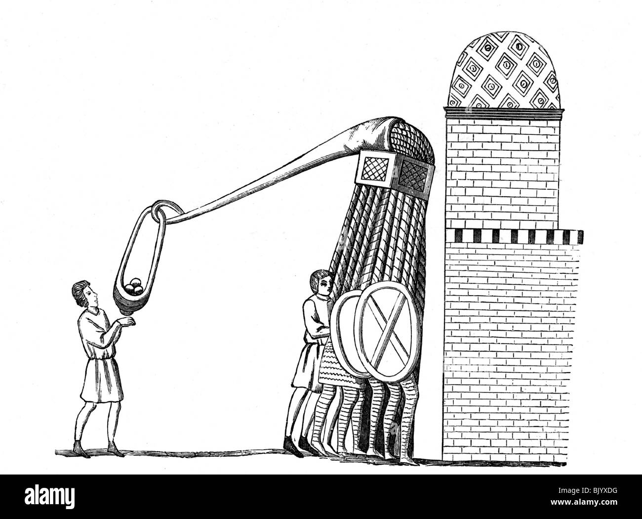 Militaire, Moyen âge, moteurs de siège, catapulte, après miniature de 'Chevalier au Cygne', 13ème siècle, Banque D'Images