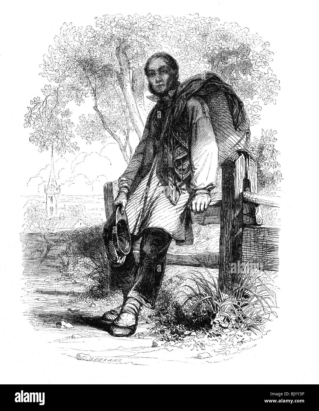 Gens, professions, marchands de pourries, portant ses produits sur son dos, gravure en cuivre par Karl Giradet, XVIIIe siècle, historique, commerce, commerce, trador, vendeur, pédalier, pédalier, pédalier, pédalier, dawdler, Laggard, entraîneur lent, ralentis, dawdlers, retardataires, marchands de vêtements, petit marchand de vêtements, marchand de vêtements, petit marchand de vêtements, marchand de vêtements vendeur itinérant, vendeurs itinérant, route nationale, Banque D'Images