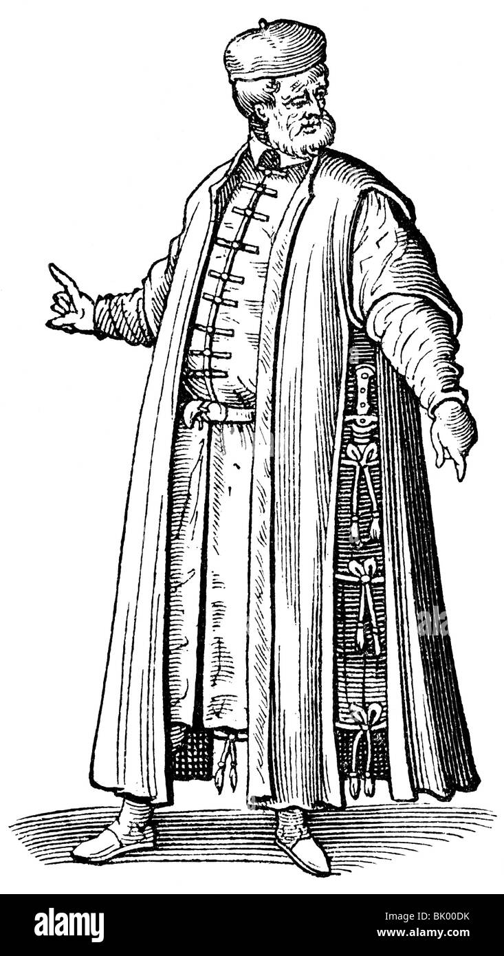 Peuple, Venise, Capitano de la police de l'inquisition vénitienne ('conseil des trois'), coupe de bois du livre de costumes traditionnels de Cesare Vecellio, Italie, fin du XVIe siècle, , Banque D'Images