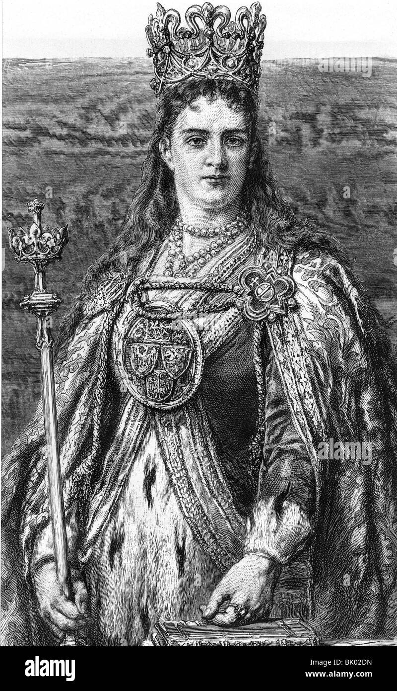 Hedwig, 18.2.1374 - 17.7.1399, Reine de Pologne 15.10.1384 - 17.7.1399, saint, demi-longueur, avec regalia, peinture historique, lithographie, XIXe siècle, Banque D'Images