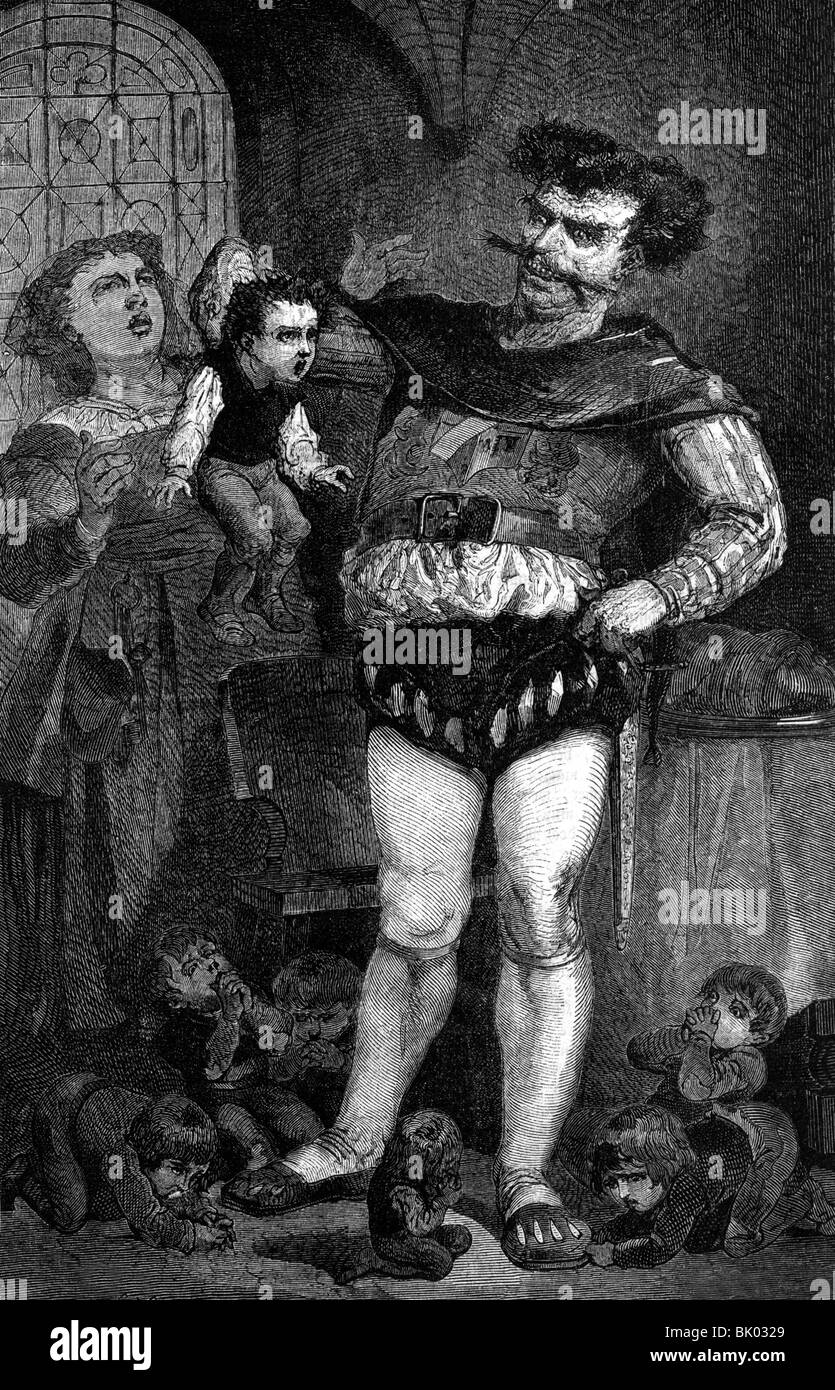 Littérature, conte de fées, Tales de fées de Grimm, 'Tom pouce', petit déjeuner du loup-garou, gravure en bois, Banque D'Images Littérature, conte de fées, Tales de fées de Grimm, 'Tom pouce', petit déjeuner du loup-garou, gravure en bois, Banque D'Images