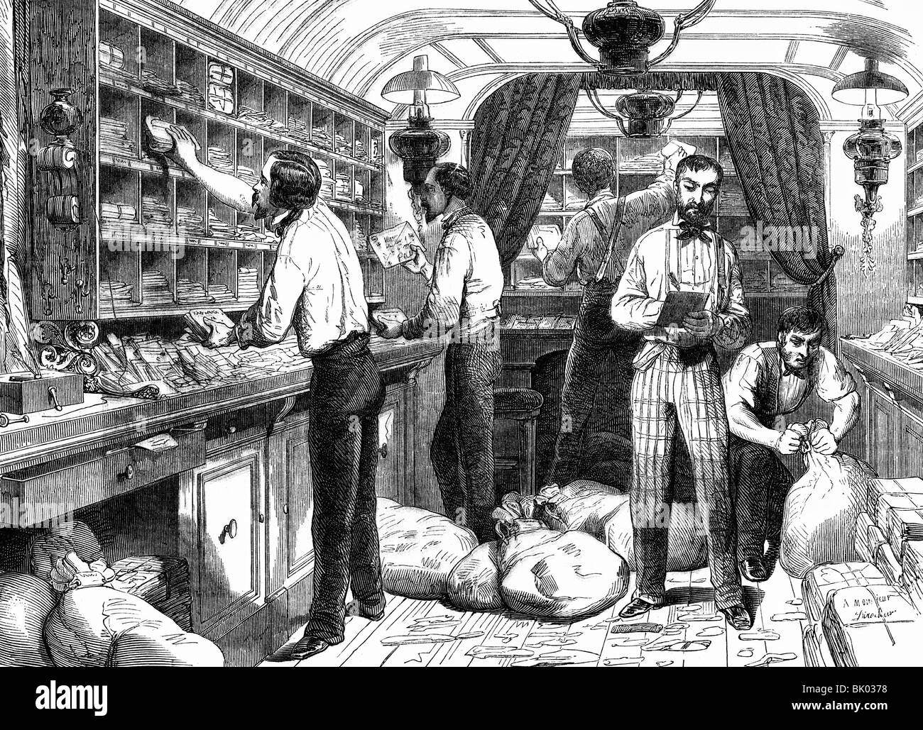 Mail, poste, bureau de poste, voyageant de la van mail French railway, vue de l'intérieur, des commis, des lettres de tri, gravure sur bois, 1852, Banque D'Images Mail, poste, bureau de poste, voyageant de la van mail French railway, vue de l'intérieur, des commis, des lettres de tri, gravure sur bois, 1852, Banque D'Images