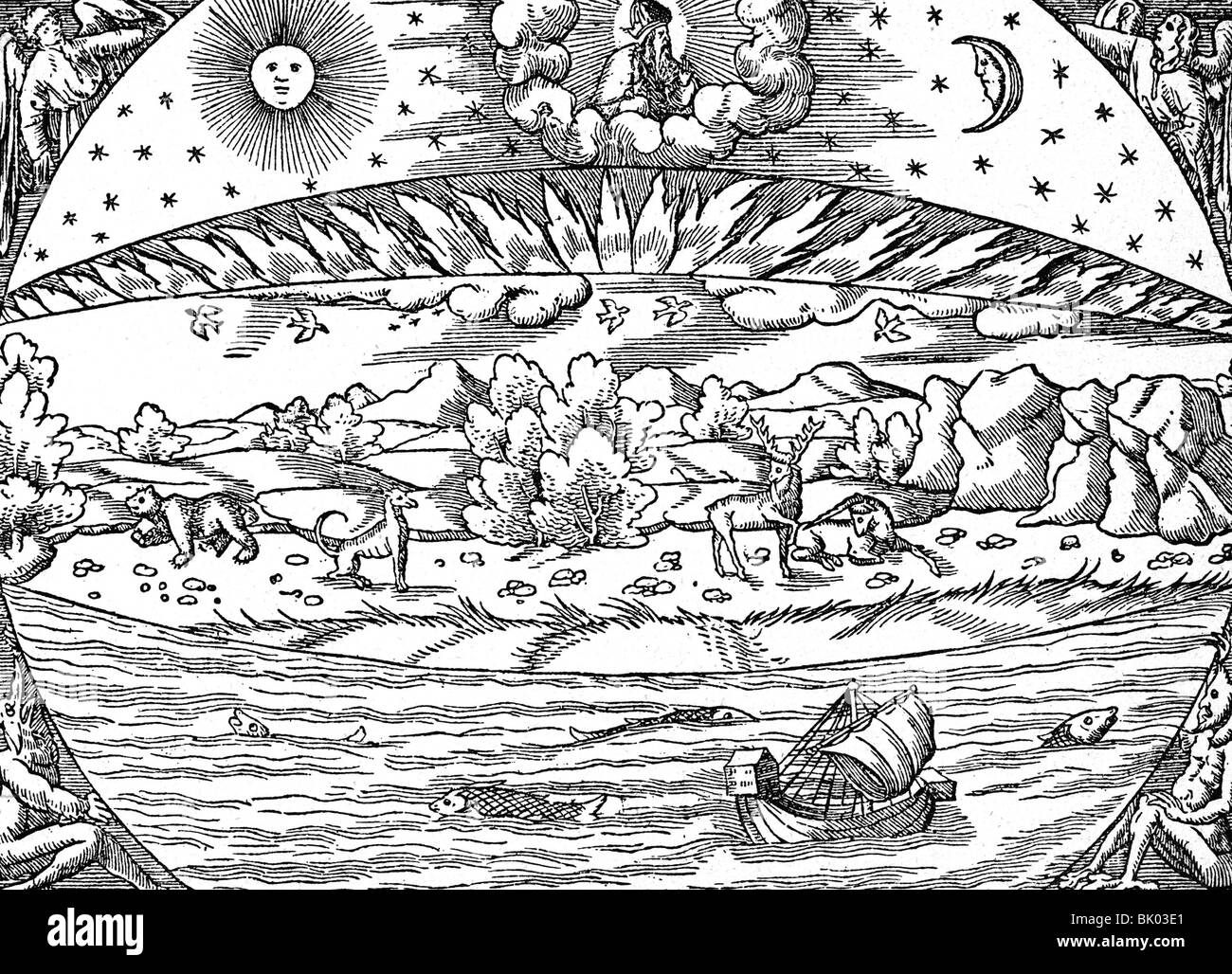 Religion, Christianisme, scènes bibliques, Genèse, gravure en cocosmographie par Sebastian Muenster, 1550, Banque D'Images