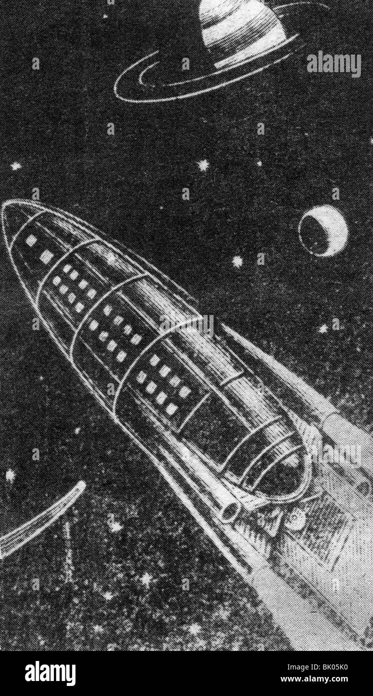 Tsiolkovskii, Konstantin Eduardovich, 17.9.1857 - 19.9.1935, physicien russe, mathématicien, fusée dans l'espace, dessin après Tsiolkovskii, Banque D'Images