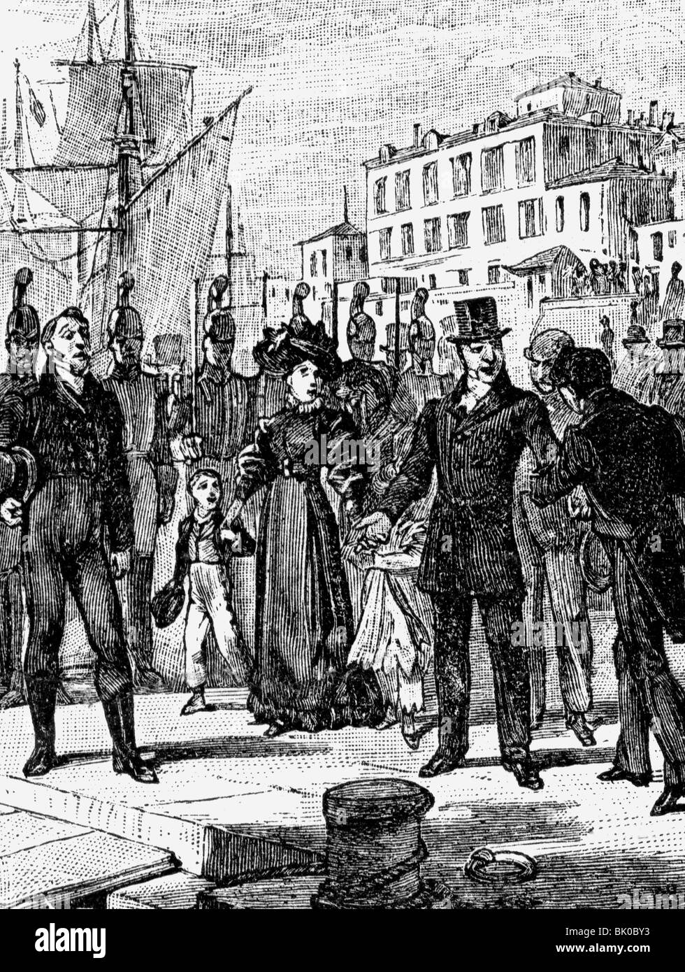 Charles X Philip, 9.10.1757 - 6.11.1836, roi de France 16.9.1824 - 2.8.1830, laissant la France en exil en Grande-Bretagne, Cherbourg, 16.8.1830, gravure sur bois, XIXe siècle, , Banque D'Images