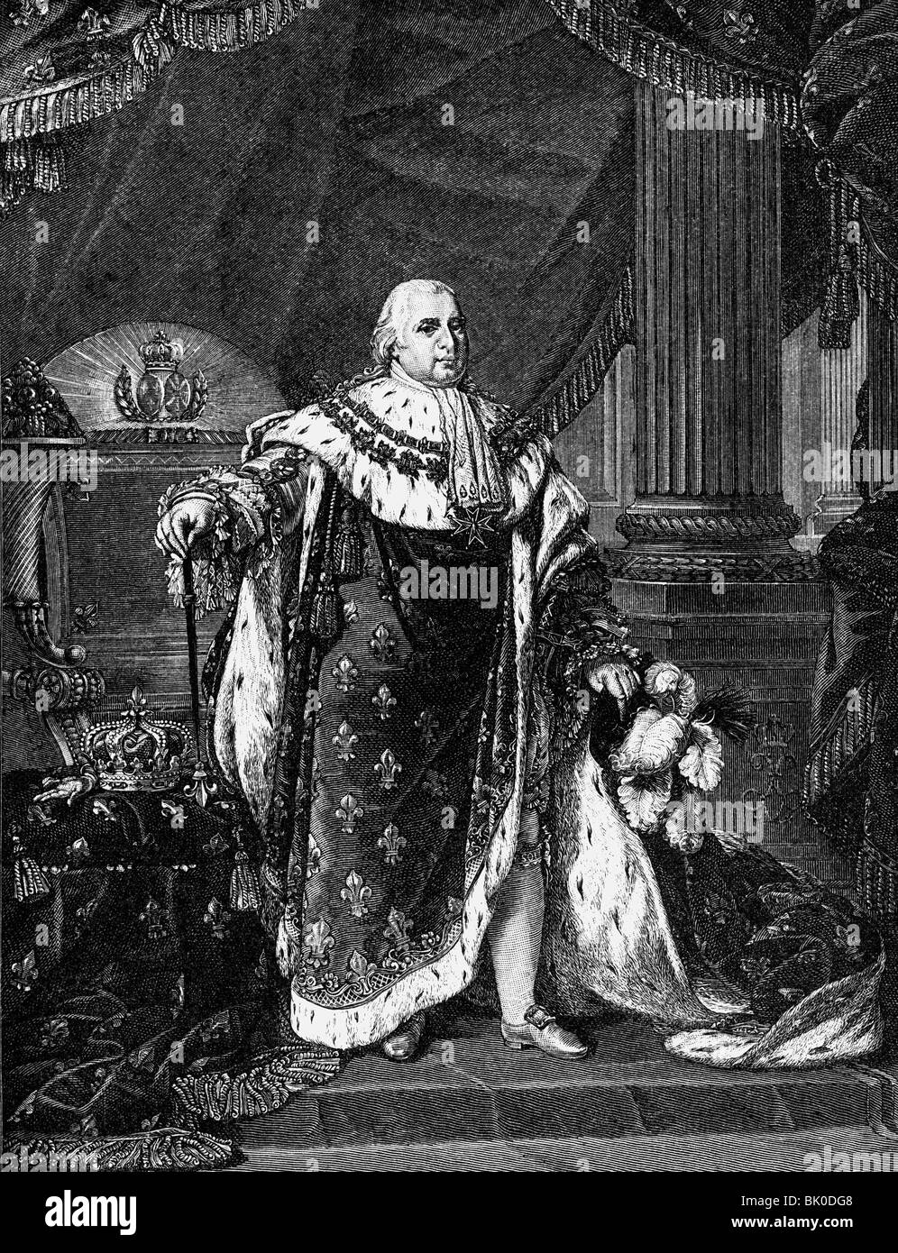 Louis XVIII, 17.11.1755 - 16.9.1824, Roi de France 2.4.1814 - 16.9.1824, pleine longueur à coronation regalia, gravure sur acier par Audouin, 1818, après la peinture d'Antoine Jean GROS, 1815, , n'a pas d'auteur de l'artiste pour être effacé Banque D'Images