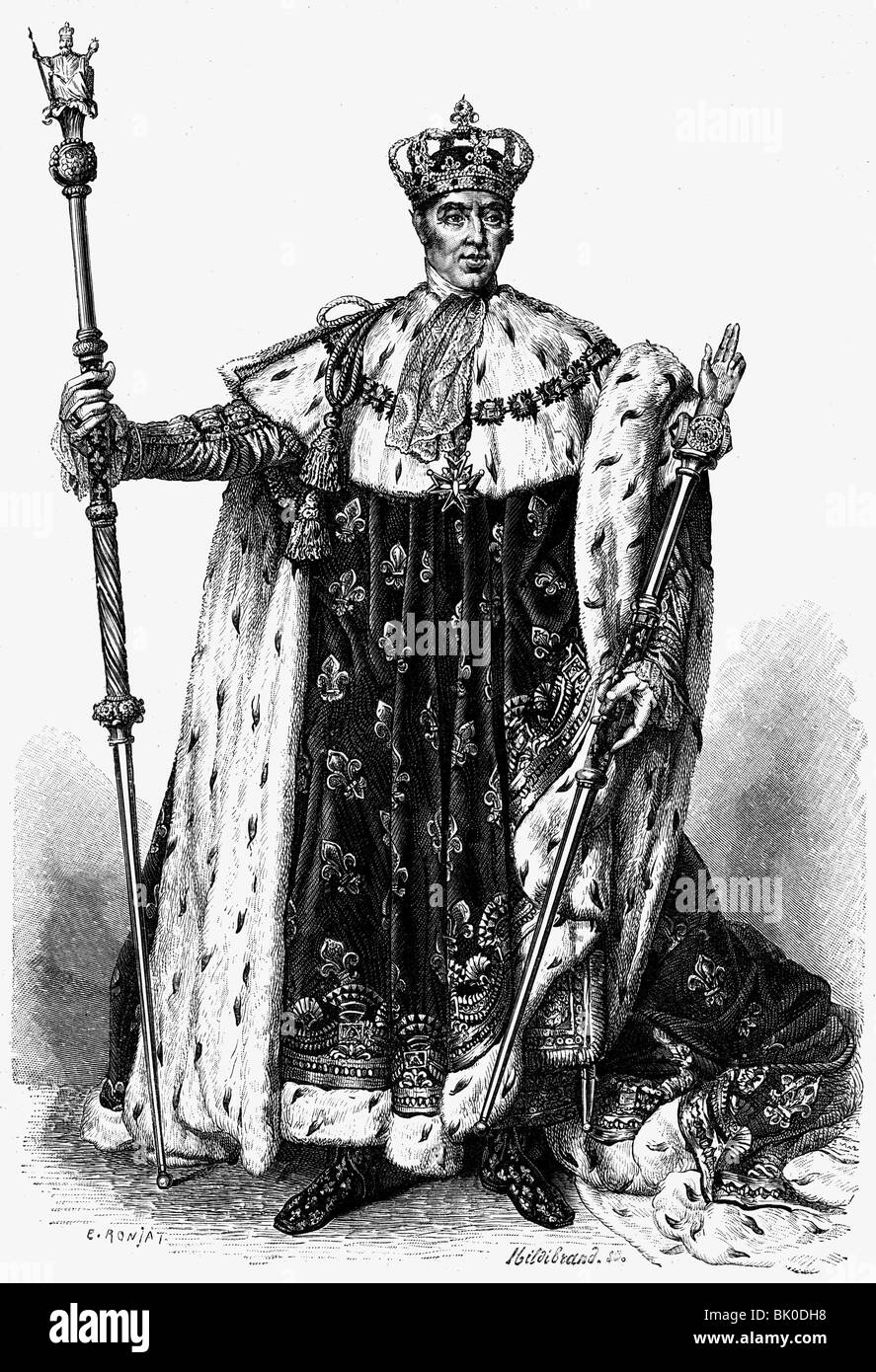 Charles X Philip, 9.10.1757 - 6.11.1836, roi de France 16.9.1824 - 2.8.1830, pleine longueur en couronnement regalia, gravure en bois, 1825, , Banque D'Images
