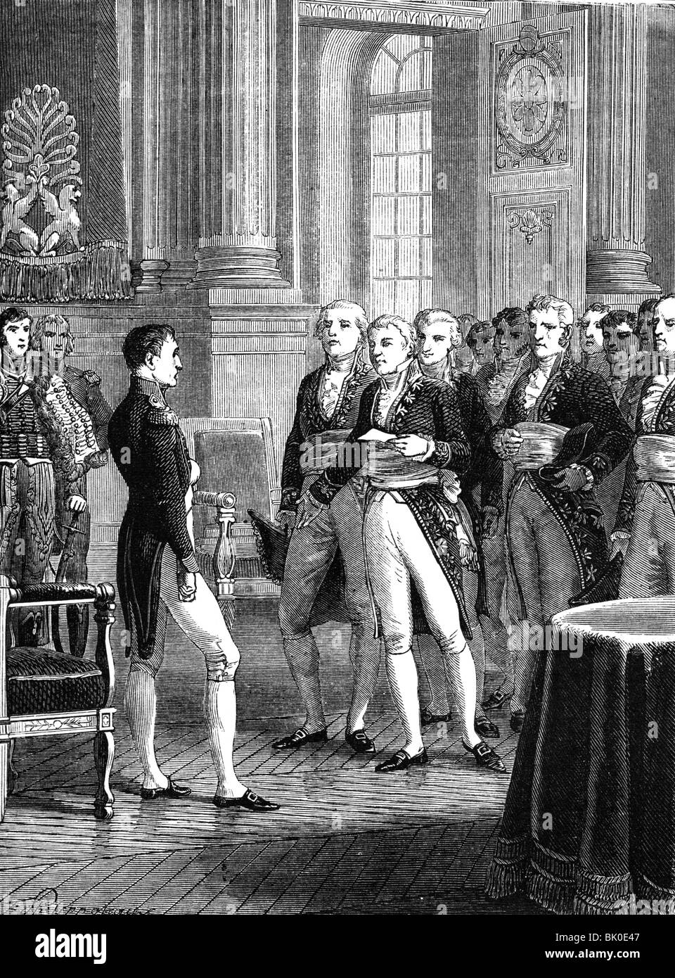 Fontanes, Jean Pierre Louis Marquis de, 6.3.1757 - 12.4.1821, auteur/écrivain français et politicien, discuource avec le Premier Consul Napoléon Bonaparte à l'occasion de l'achèvement du Code civil, Paris, 1804, gravure sur bois, XIXe siècle, , Banque D'Images