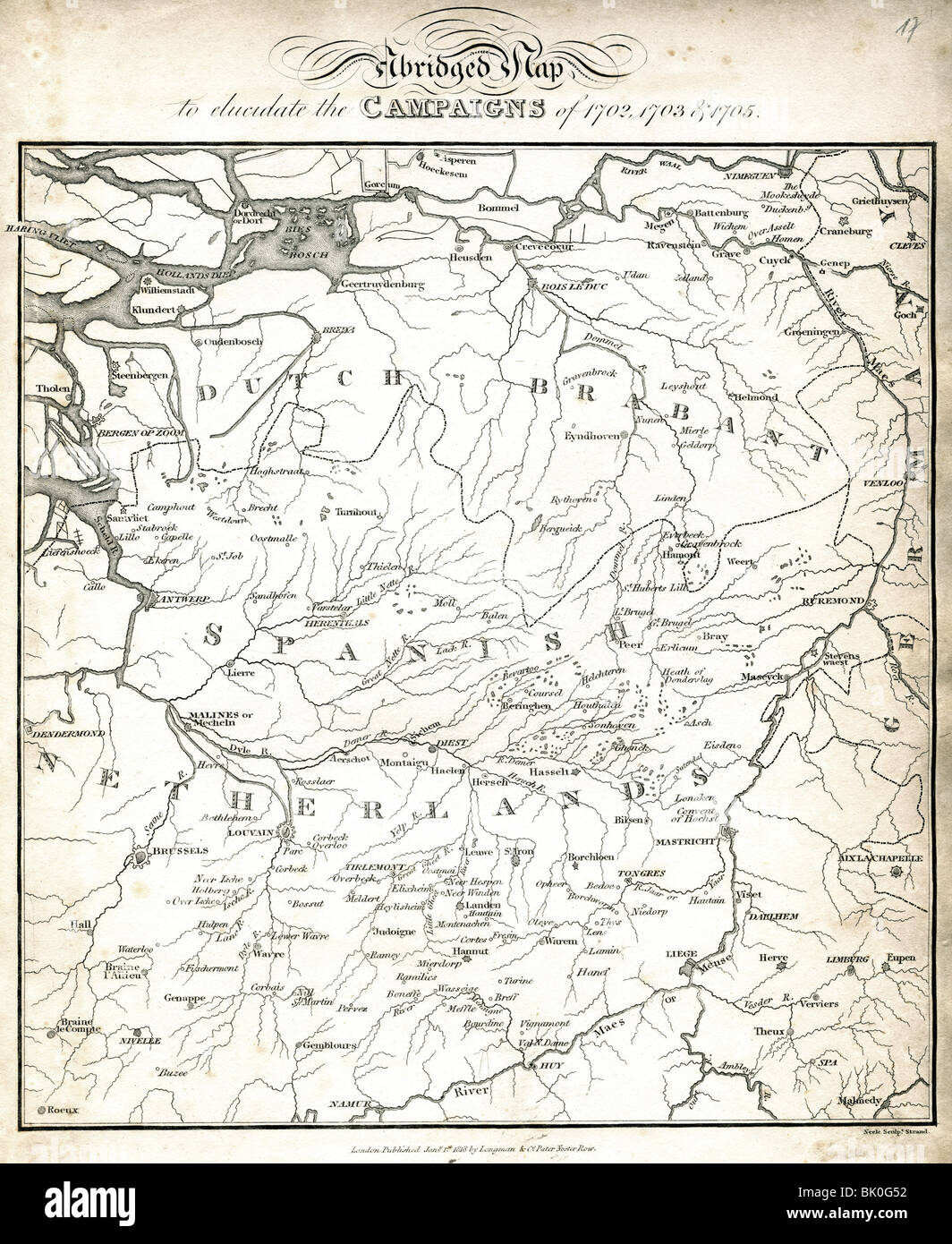 Cartographie, cartes historiques, carte du Brabant néerlandais et des Pays-Bas espagnols au début du XVIIIe siècle, publiée à Londres, 1818, Banque D'Images