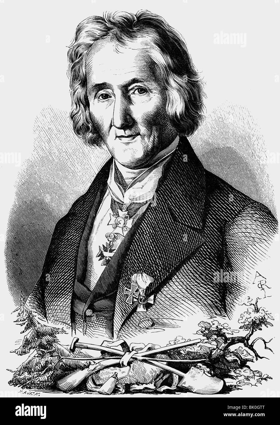 Cotta, Johann Heinrich, 30.10.1763 - 25.10.1844, silviculturiste allemand, portrait, gravure sur bois, 1853, , Banque D'Images
