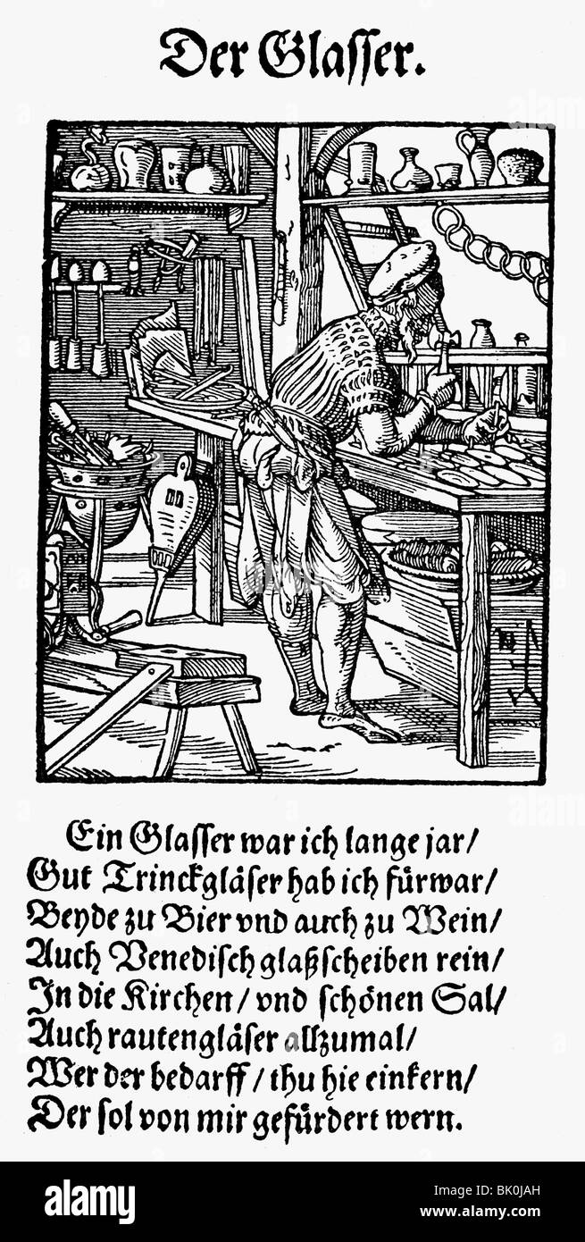 Personnes, professions, vitrier, coupe de bois, 'Staendebuch' par Jost Amman, Francfort-sur-le-Main, 1568, avec verset de Hans Sachs, , Banque D'Images