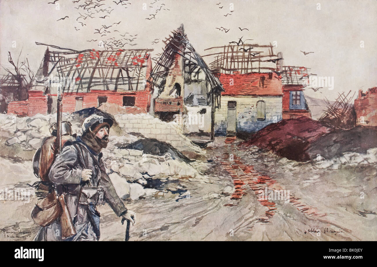 Soldat français marche à travers les ruines d'Ablain-Saint-Nazaire, France, après la bataille de Lorette. Banque D'Images