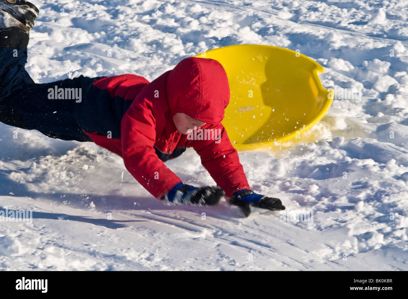 Les jeunes enfants des familles sur des traîneaux snowy city park hillside. Banque D'Images