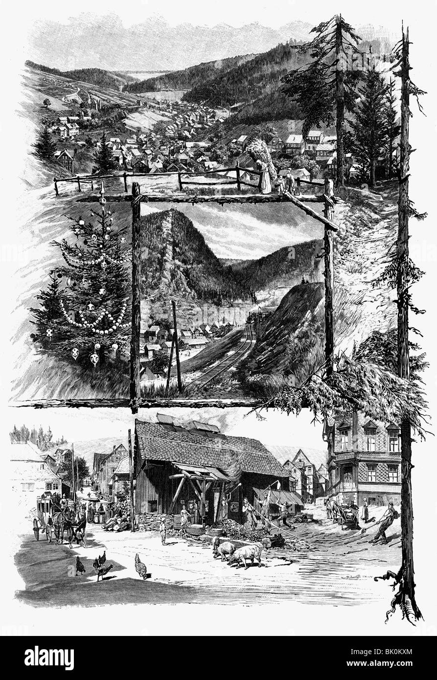 Industrie, industrie du verre en Thuringe, ci-dessus: Vue sur Lauscha, milieu: Bas Lauschenstein avec Lauschenstein, ci-dessous: Usine de verre de village, gravure de bois après dessin par Hans W. Schmidt, 1897, Banque D'Images