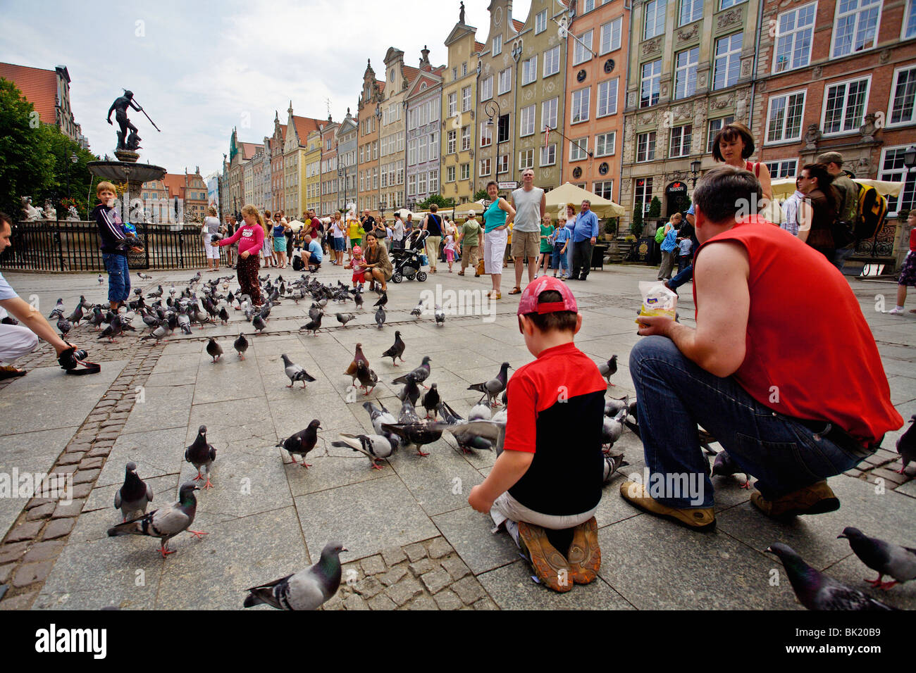 Nourrir les pigeons dans la rue La rue Długi Targ, Gdańsk Banque D'Images