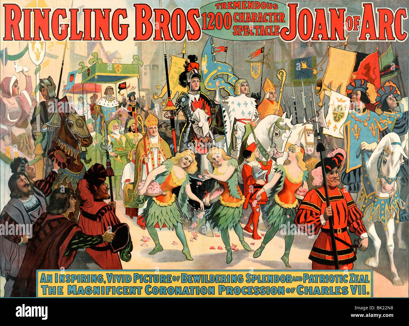 Le cortège avec le roi Charles VII, Jeanne d'Arc, des chevaliers et autres. Affiche de cirque Ringling Bros, vers 1912 Banque D'Images