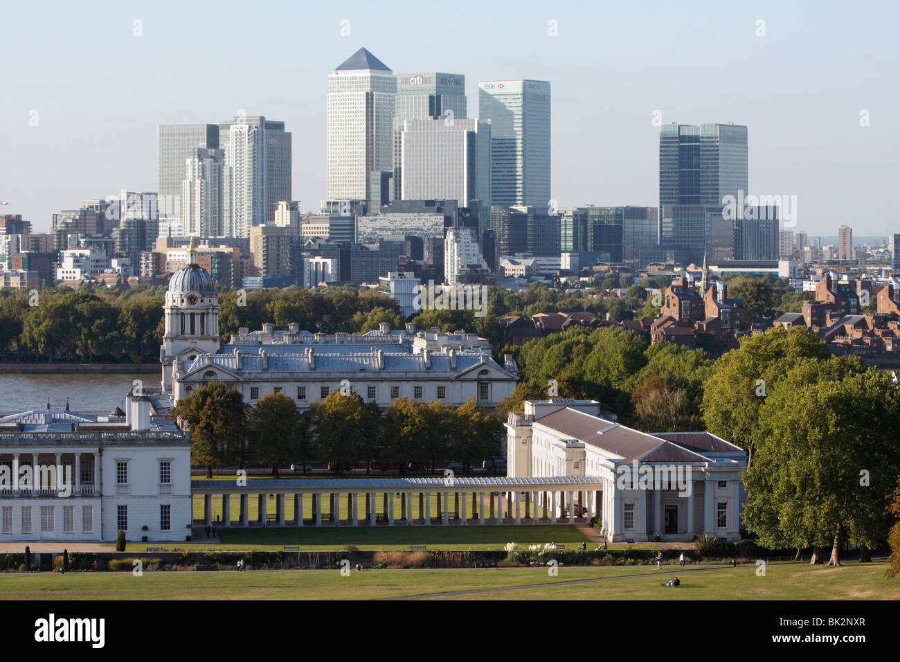 Canary Wharf à partir de Greenwich Park, Londres, 2009. Banque D'Images