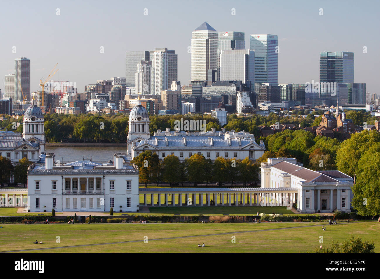 Canary Wharf à partir de Greenwich Park, Londres, 2009. Banque D'Images