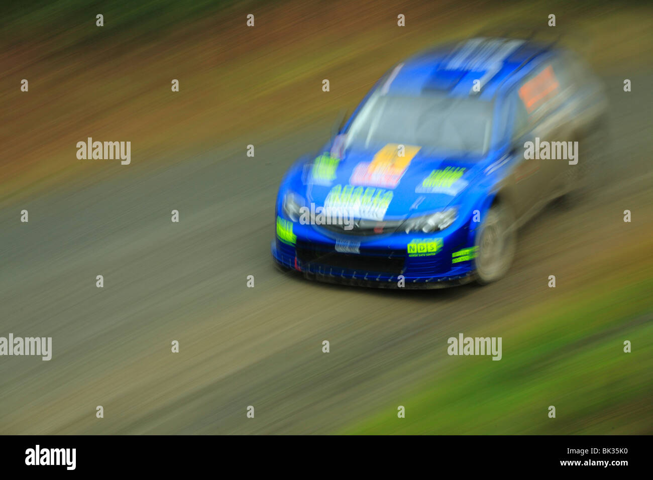 Concurrent dans le Championnat du Monde des Rallyes spéciale tenue dans la forêt, près de l'Hafren Llanidloes, Powys, Pays de Galles. Banque D'Images