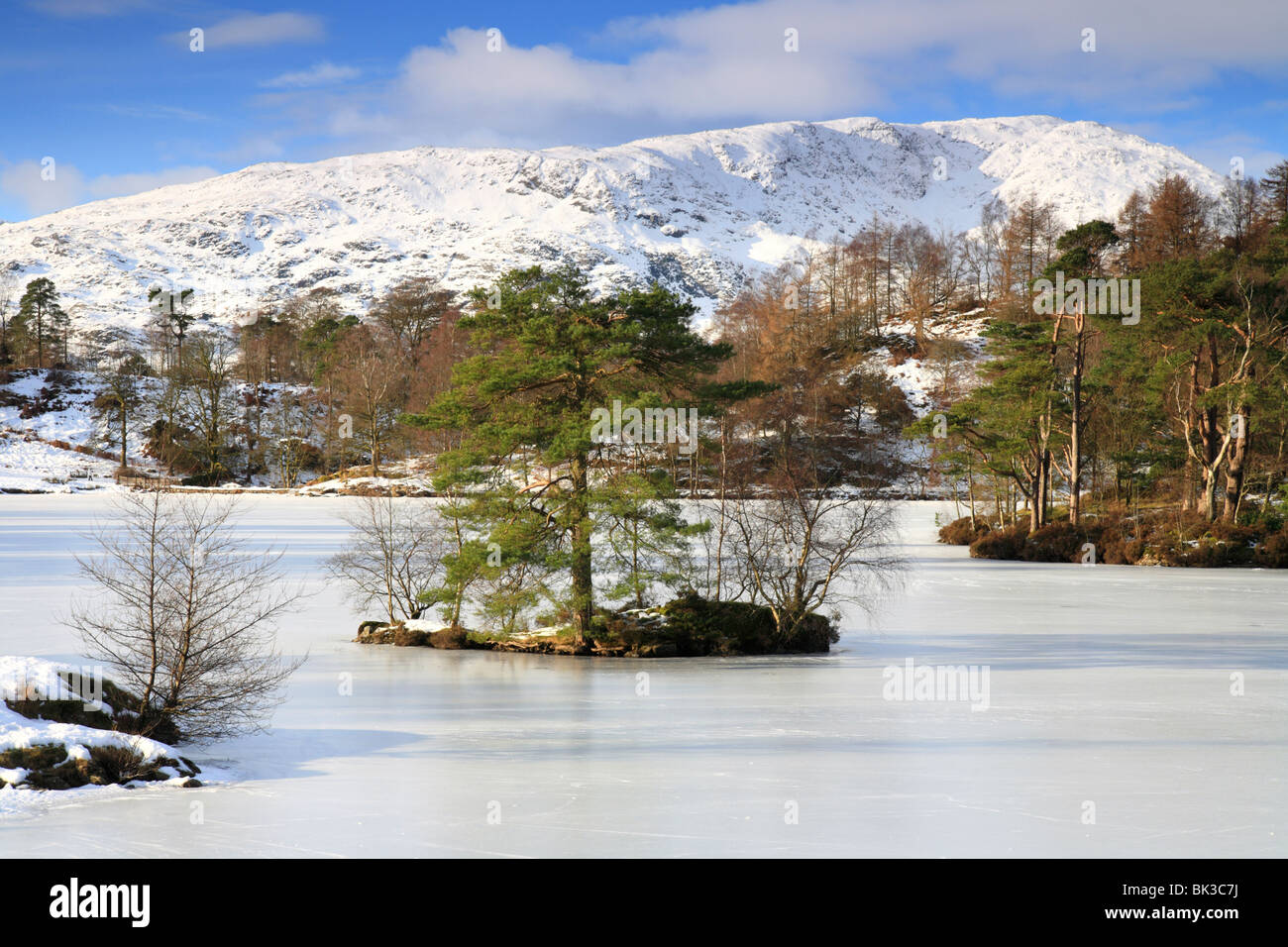 Tarn Hows lac gelé en hiver, avec la neige sur les collines. Lake District, Cumbria Banque D'Images