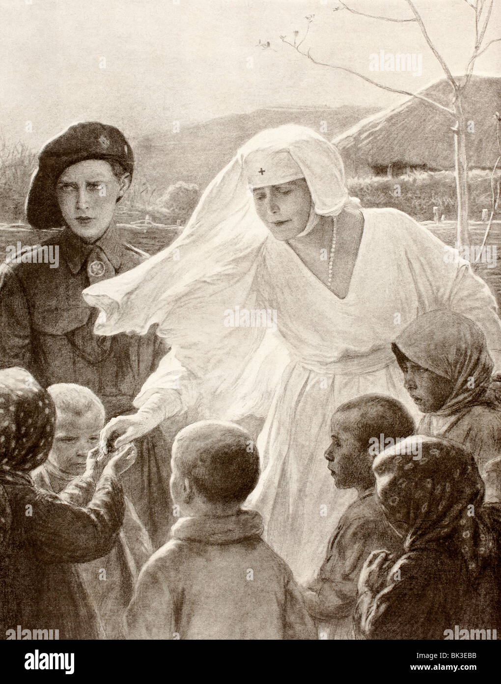 La Reine Marie de Roumanie en costume d'infirmières de la Croix-Rouge distribue de la nourriture aux pauvres enfants du village pendant la Première Guerre mondiale. Banque D'Images