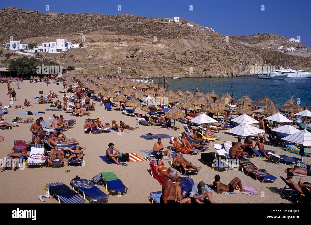Super Paradise beach, l'île de Mykonos, Grèce Banque D'Images