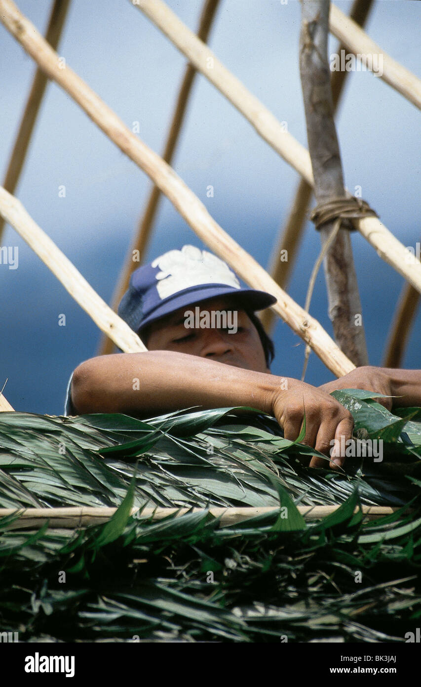 Home Builder la construction d'un toit de chaume, Venezuela Banque D'Images