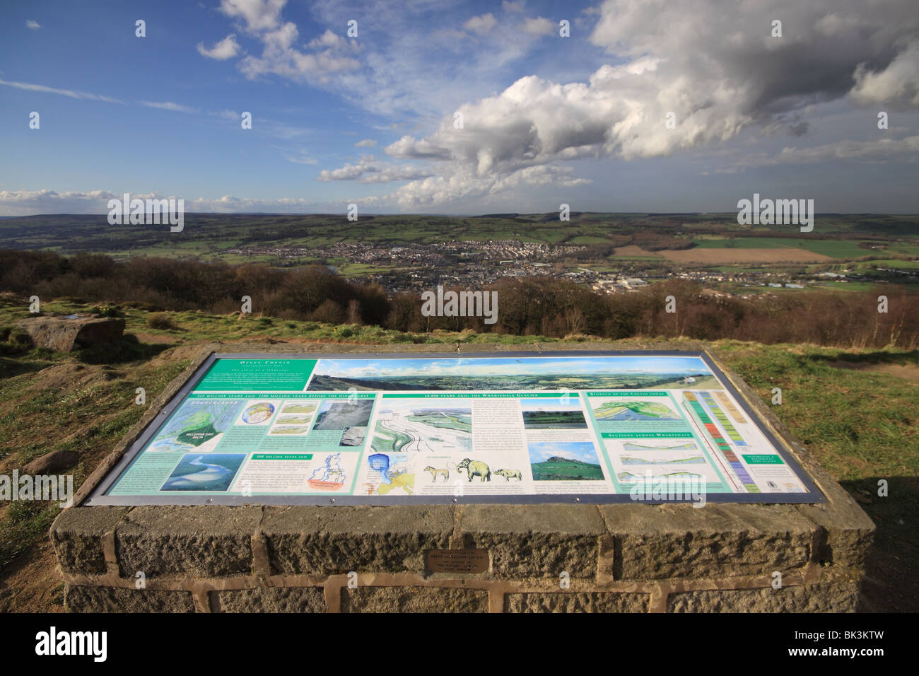 Un panneau d'information à la surprise dans les landes du Otley Chevin, West Yorkshire Banque D'Images