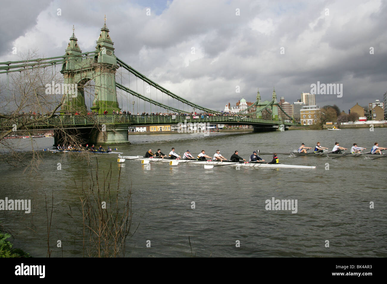 Les équipes d'aviron dans la tête de la course de la rivière sur la Tamise à Hammersmith Bridge. La position pour le départ de la course. Banque D'Images