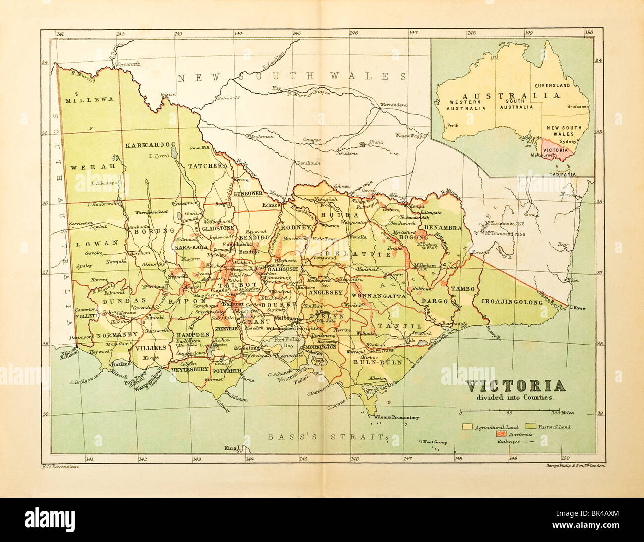 Carte ancienne de l'État de Victoria, Australie, divisé en comtés. Banque D'Images