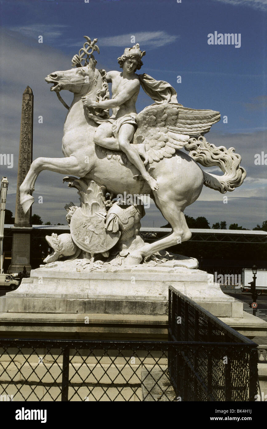 Charles Antoine Coysevox Mercure de sculpture équestre Pegasus, 1699-1702, dans les jardins des Tuileries, Paris, France Banque D'Images