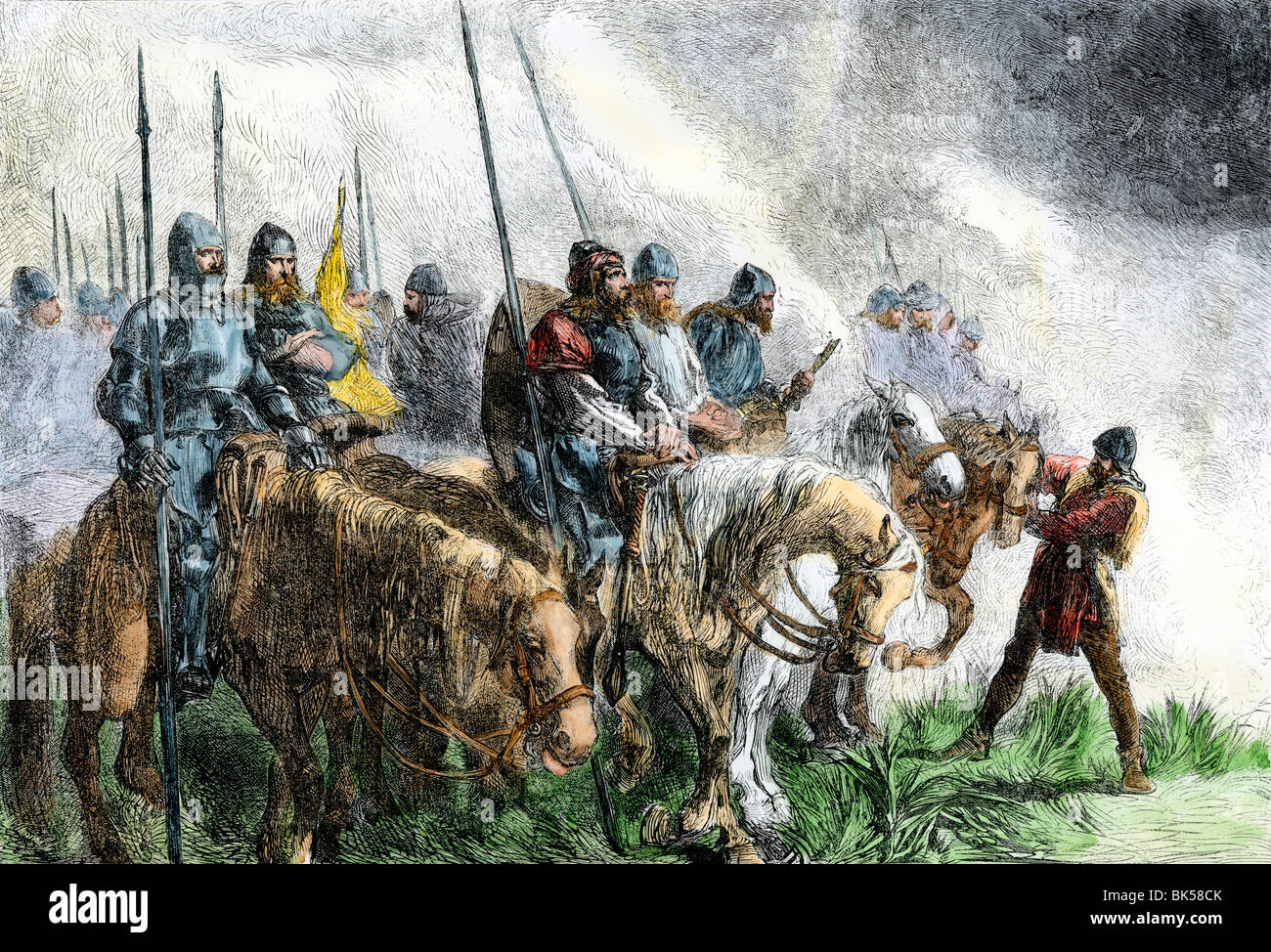 Armée anglaise le matin de la bataille d'Azincourt, Guerre de Cent Ans, 1415. À la main, gravure sur bois Banque D'Images