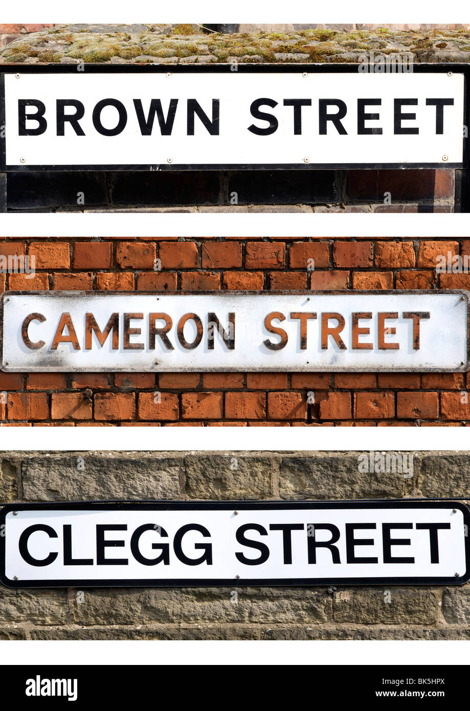Les plaques de rue contenant les noms des chefs des trois principaux partis politiques du Royaume-Uni Banque D'Images