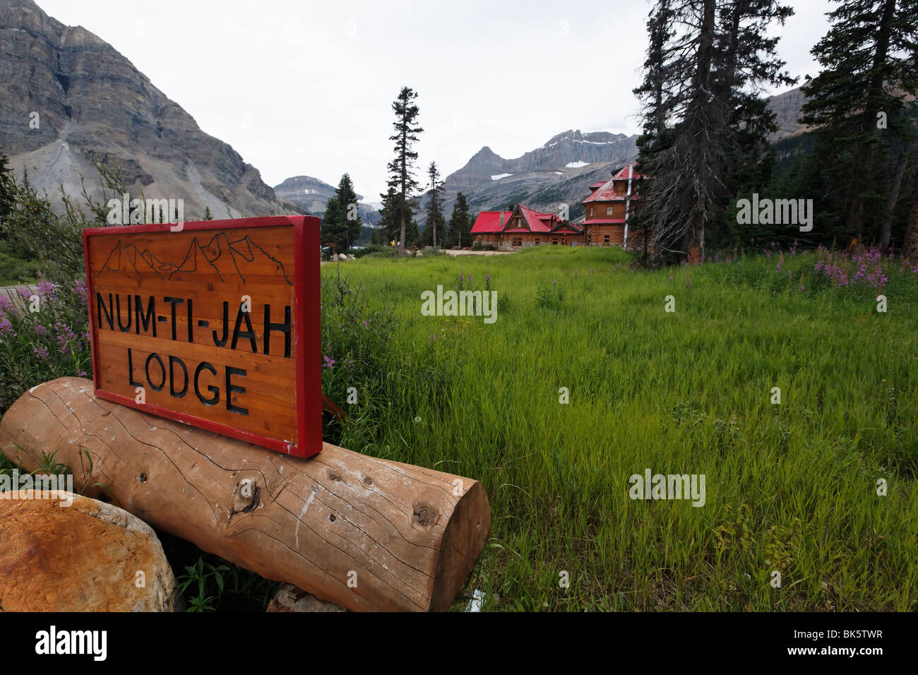 Vue rapprochée d'un signe, Num-Ti-Jah Lodge, Banff Nat'l Park, Alberta, Canada Banque D'Images