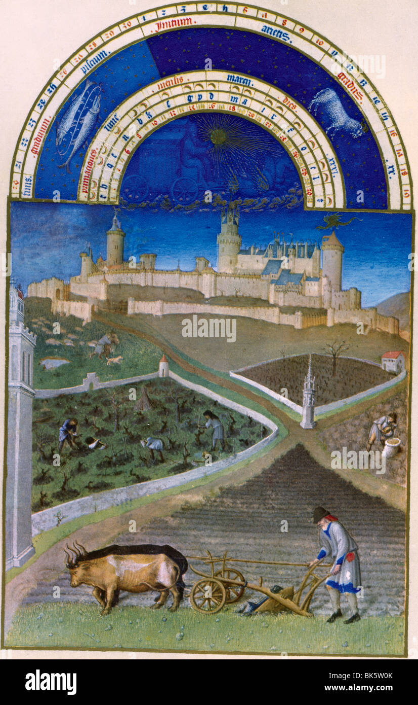 Printemps à la ferme, par Frères Limbourg, 15e siècle, 1385-1416 Banque D'Images