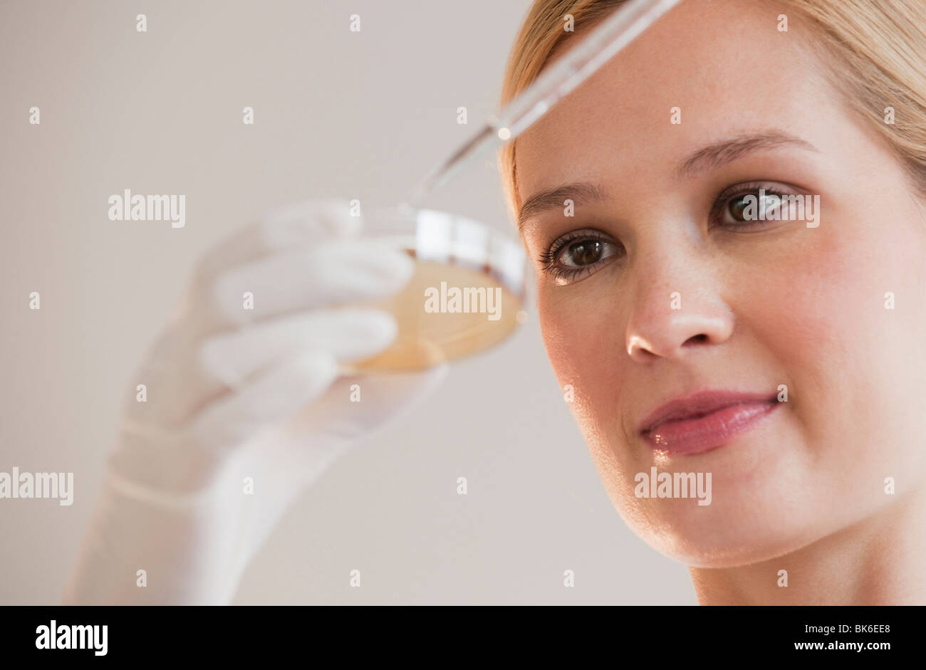 Female scientist avec compte-gouttes et petri dish Banque D'Images