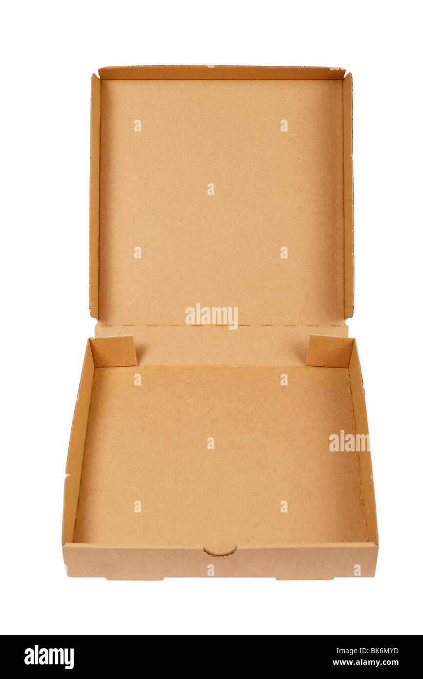 Pizza en carton isolé sur fond blanc Banque D'Images