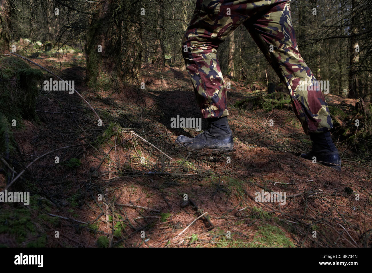 Homme portant des bottes de combat Pantalon de camouflage et à l'article sur le côté dans une forêt d'alerte au Royaume-Uni Banque D'Images