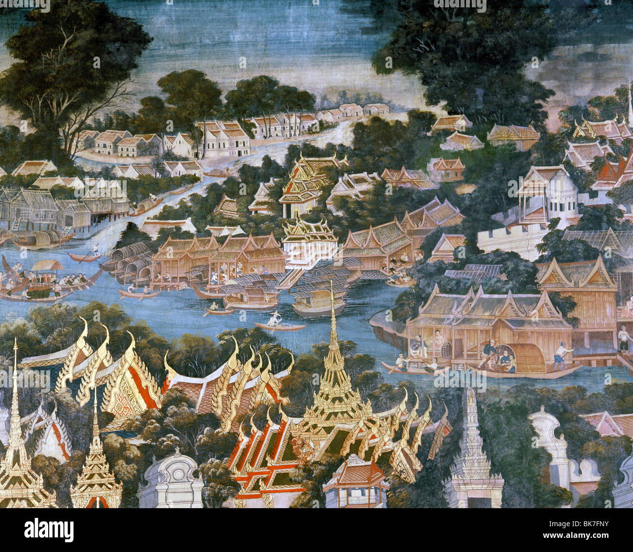 Détail de peinture murale datant de 1864 montrant Bangkok avec le fleuve Chao Phraya et le Grand Palais au premier plan les toits Banque D'Images