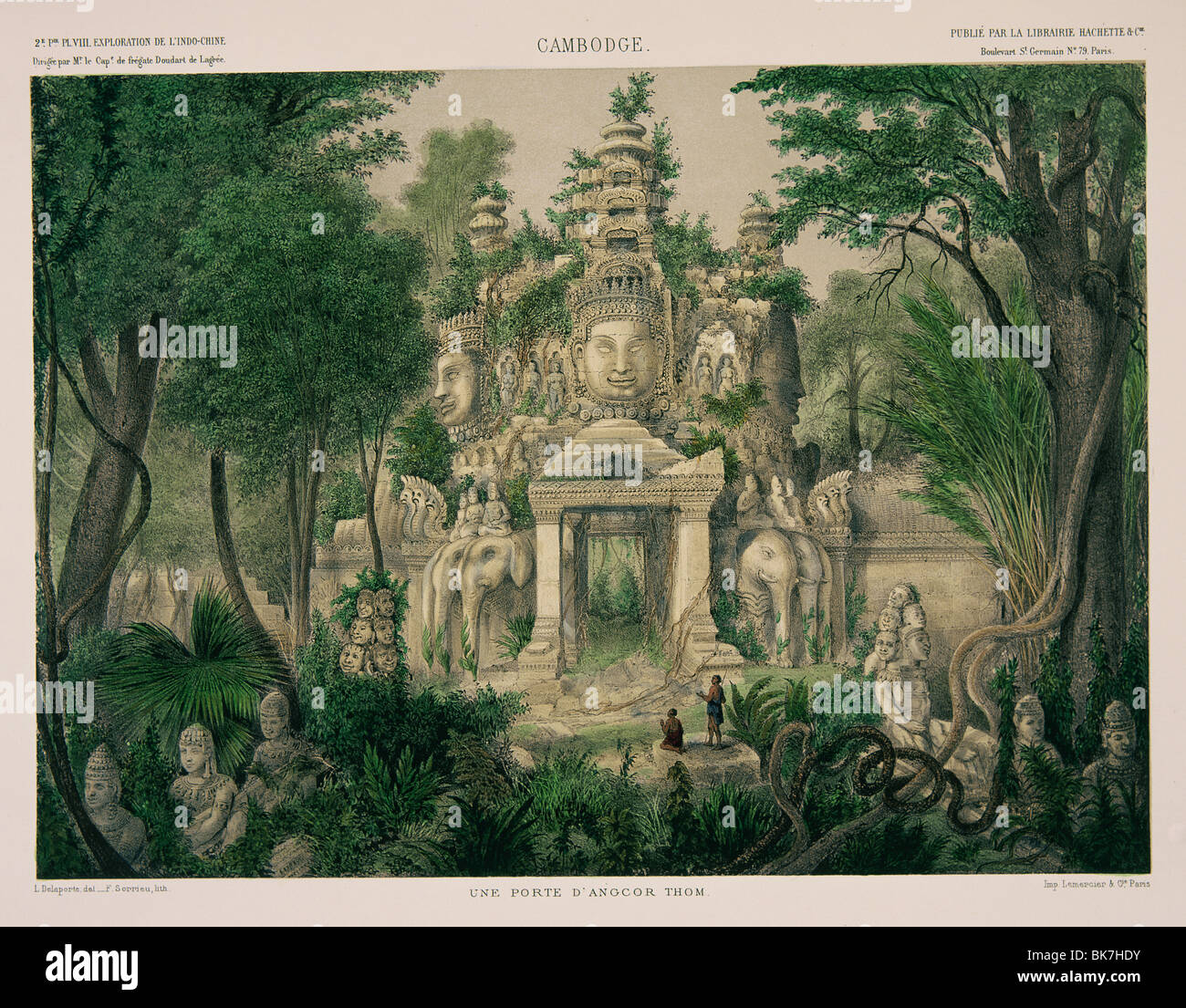 Gravure montrant la porte d'Angkor Thom de l'exploration de l'Indo-Chine par Delaporte, Cambodge Banque D'Images