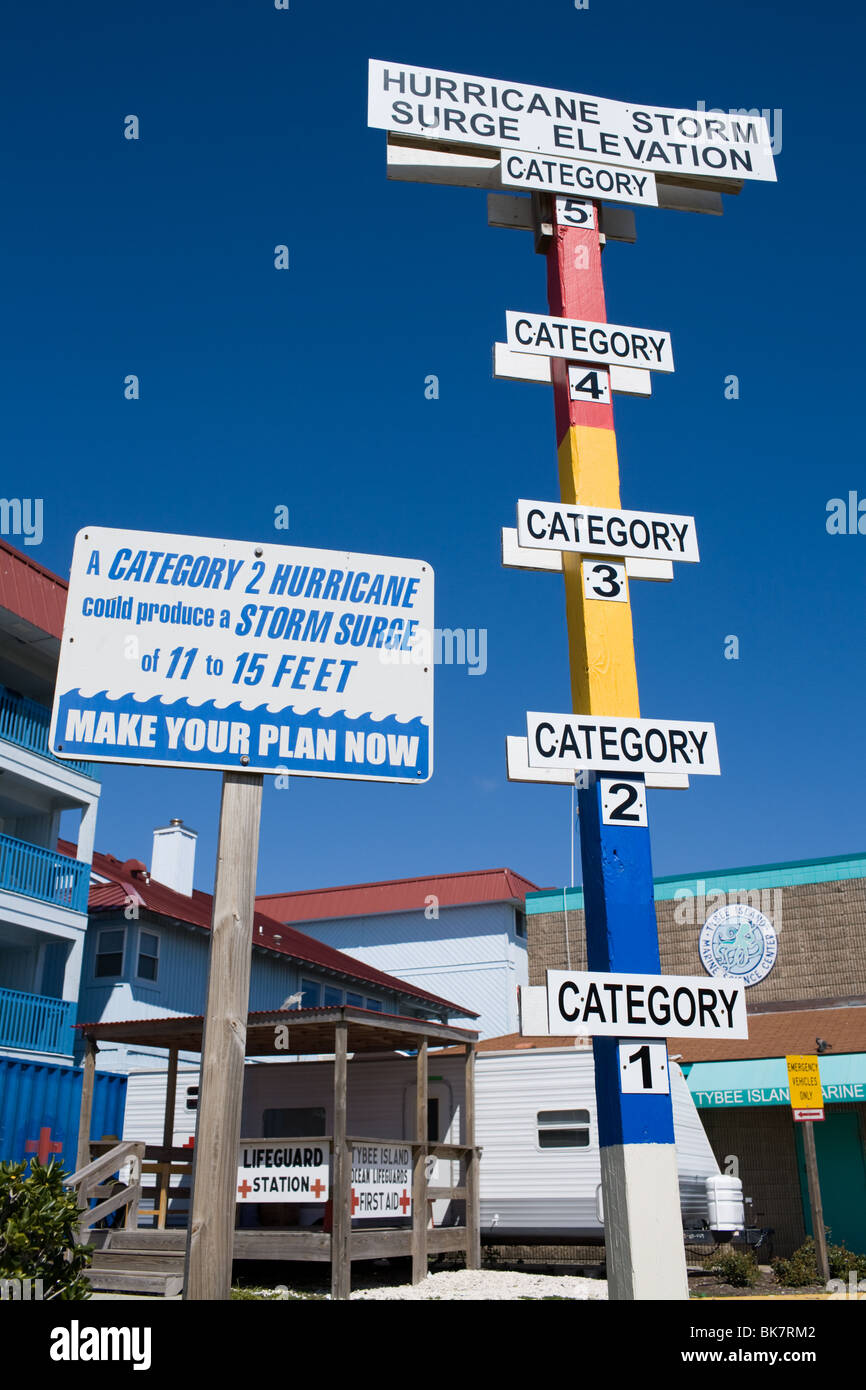 Des panneaux avertissant des ouragans, Tybee Island, Géorgie Banque D'Images