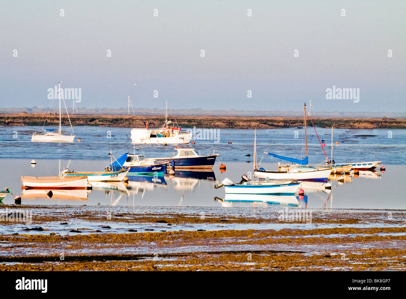 Bateaux amarrés à WEST MERSEA TÔT LE MATIN À marée basse Banque D'Images