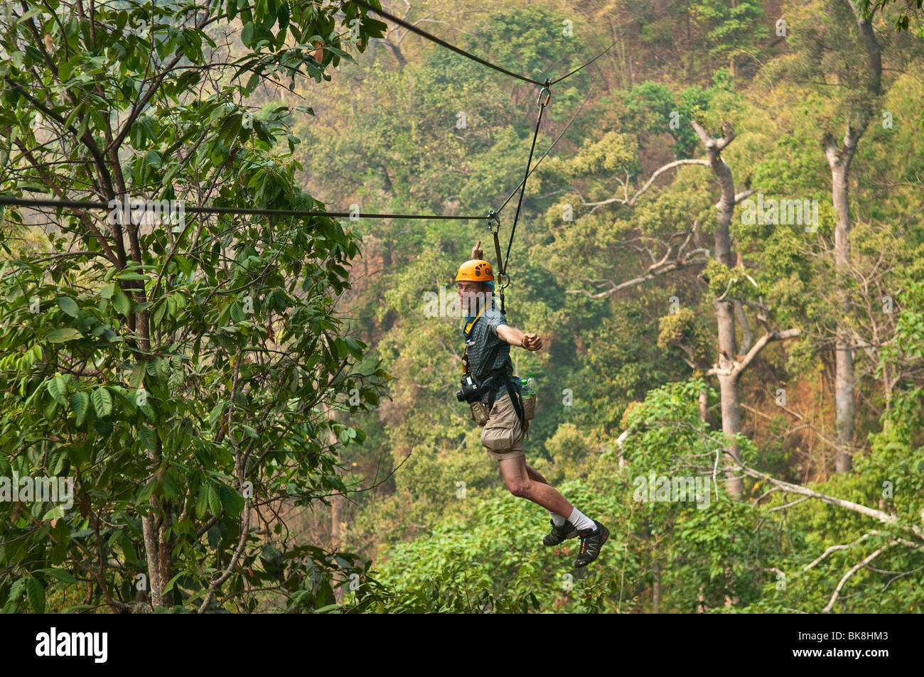 Vol jungle zip line et forest canopy tour, Chiang Mai, Thaïlande. Banque D'Images