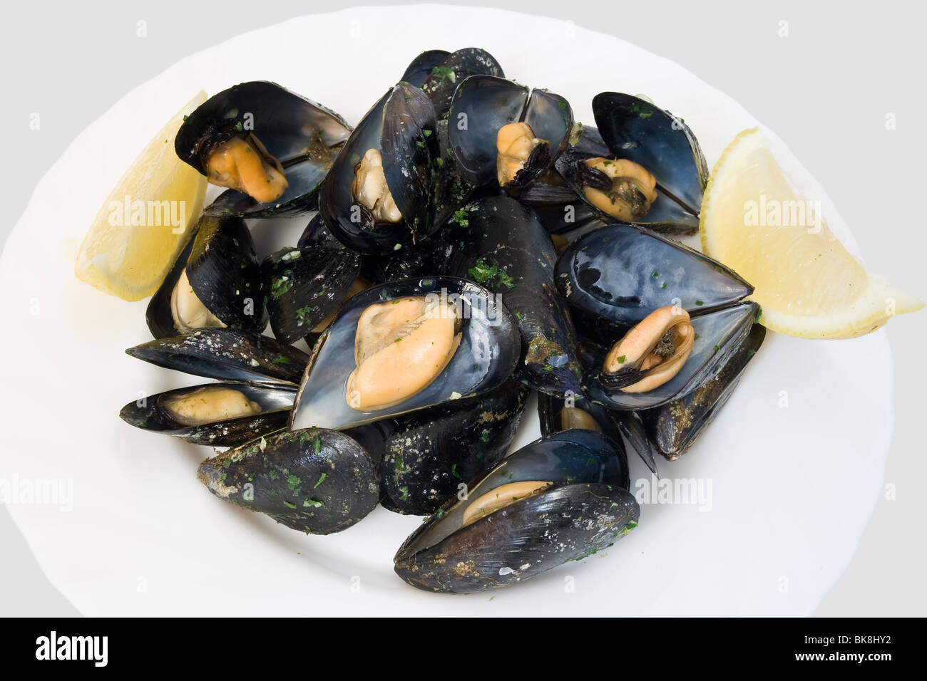 Plat typique de la Méditerranée : moules bouillies avec de l'ail le persil et citron Banque D'Images