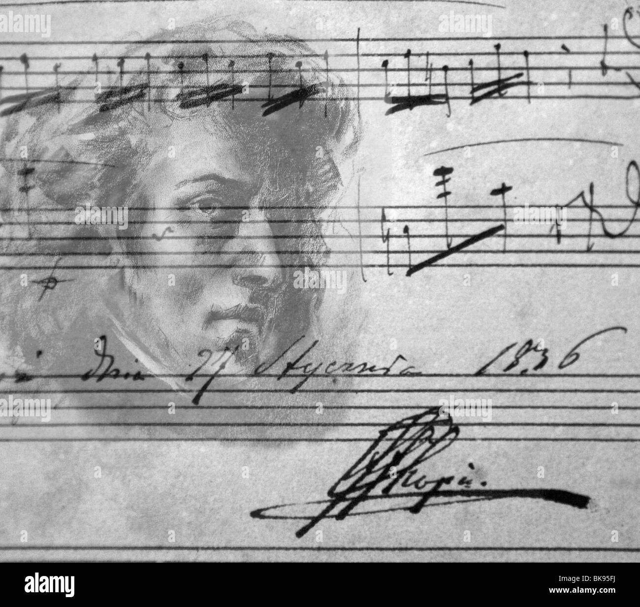 Collage de Frederic Chopin portrait et musique originale, Royal Chartreuse, Mallorca, Espagne Banque D'Images