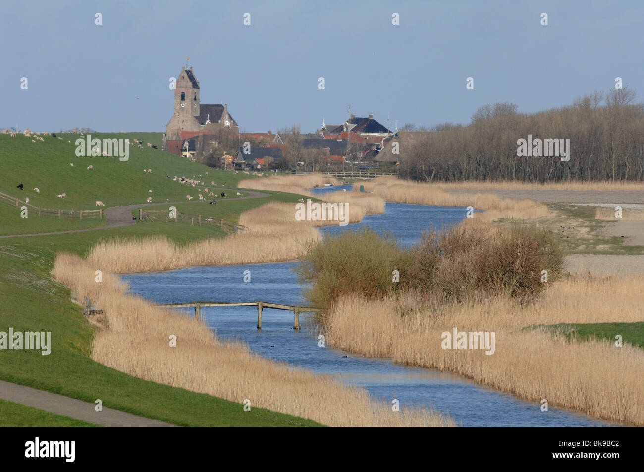 Het dorp Wierum aan de zeedijk Banque D'Images