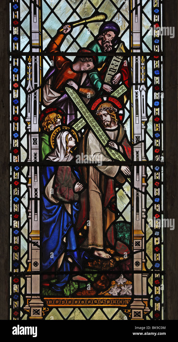 Un vitrail représentant une scène de la Passion du Christ, l'église St Mary, Moulton St Mary, Norfolk Banque D'Images