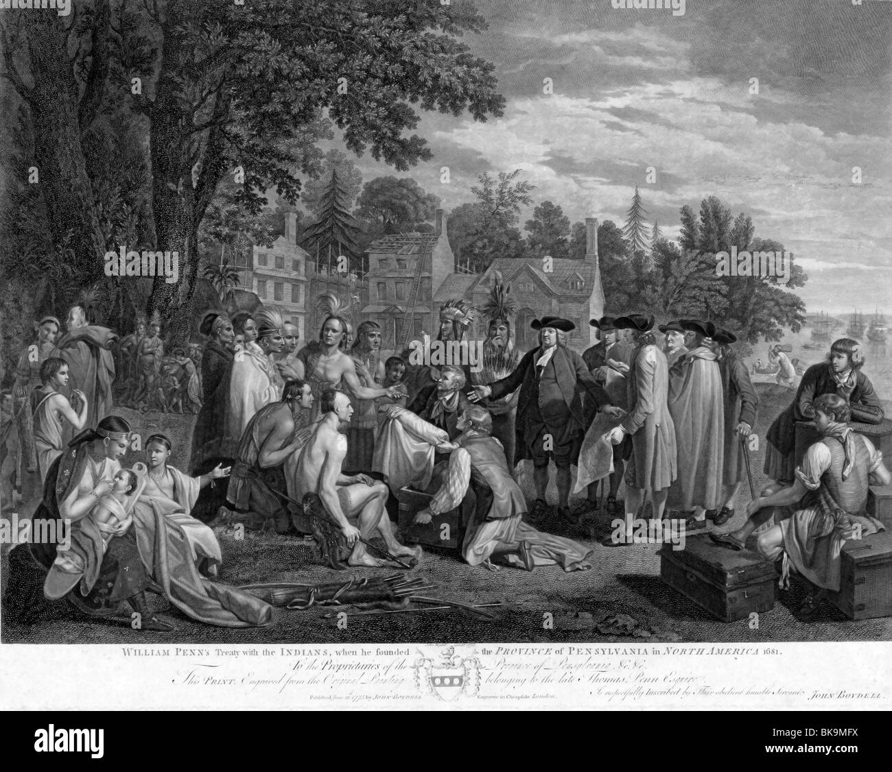 L'illustration montre William Penn debout avec un groupe de colons et amérindiens. Banque D'Images L'illustration montre William Penn debout avec un groupe de colons et amérindiens. Banque D'Images